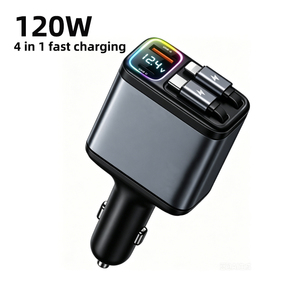 <span class=keywords><strong>Chargeur</strong></span> de voiture rétractable USB Type C 4-en-1 portable 120W PD à charge rapide avec câbles pour ordinateur portable - Product Image 1