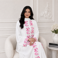 Ensemble Abaya élégant Loriya 3 pièces avec dentelle florale, cardigan ouvert, robe intérieure et hijab en mousseline, vêtements modestes pour femmes musulmanes