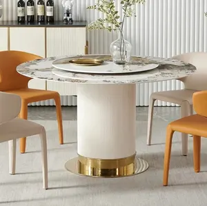 Mesa giratória redonda para sala de jantar, mesa giratória redonda de aço carbono, couro e titânio, novo design moderno, pedra sinterizada