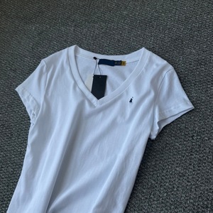 T-shirt da <span class=keywords><strong>donna</strong></span> RL estiva con scollo a V in cotone tinta unita ricamata a maniche corte, casual, comoda e slim fit - Product Image 5