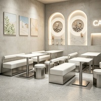 Ensemble de banquettes en cuir blanc de luxe léger avec table basse et tabourets en acier inoxydable, moderne, doux et imperméable, pour salon de thé, bubble tea et milk tea