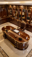Bureau de direction en bois massif sculpté européen, laqué brillant, avec armoire latérale, bureau de direction en forme de L