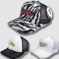 Casquette Trucker Unisexe Personnalisée avec Broderie 3D, 6 Panneaux, Broderie en Tissu, Lapin en Peluche, Maille, Cristal, Velours Doux et Moelleux