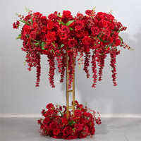 Support de boule de fleurs en gros pour décoration de mariage et de Thanksgiving, centre de table rose blanche et rouge, chemin de table moderne en soie et plastique fait main