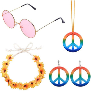 Ensemble collier et boucles d'oreilles Hippie Rose avec Lunettes, Signe de la Paix Arc-en-ciel et Couronne de Tournesols, Accessoires de Fête et de Déguisement - Product Image 1