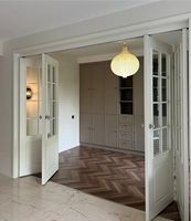 Porte coulissante pliante de style français NFRC, en bois/MDF/PVC, porte pliante en verre peinte avec grille décorative pour salon, buanderie, cuisine