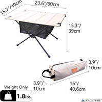 Table de camping pliable moderne en aluminium avec compartiment de rangement en tissu durable et léger, sac de transport inclus - Idéale pour les activités de plein air nomades