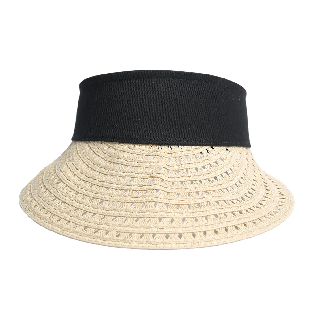 Gorra con visera para mujer de ala grande para playa de verano al por mayor, sombrero con visera de paja de Papel superior vacío ajustable para exteriores para mujer
