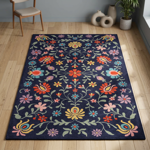 Bohemian Floral Area <b>Rug</b> Rectangle <b>Navy</b> <b>Blue</b> With Colorful Flowers Tufted Medium Pile Living Room Decor - Product Image 1