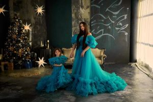 Nouvelle arrivée Fluffy Mère Et Moi Robes En Tulle Volants Avec Train Plus La Taille Pour Séance Photo Maman Et Fille Robe De Soirée En Tulle - Product Image 2