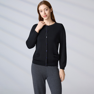 Custom Luxury Casual Office Knitwear Black Round Neck Button-Down Sweater with Pockets Women's 100% Cotton Knit <b>Cardigan</b> - Product Image 4