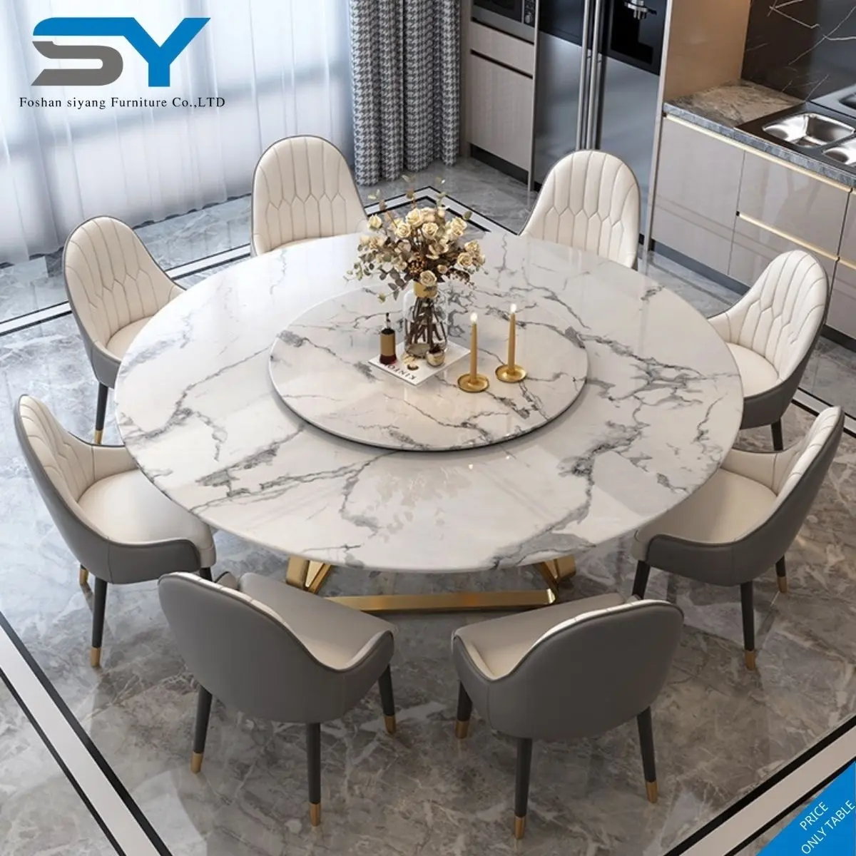 Guangdong foshan factory marble dining table round rotating dining table