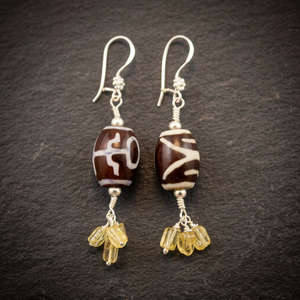 <b>Silver</b> Anchor Pattern Dzi Bead Drop Earrings with Yellow Gemstone Dangles Bohemian Style for Women Everyday Wear - Product Image 4
