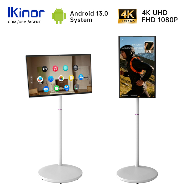 IKINOR 24 Inch White Mobile Smart TV Wheels Touch Screen 40-75Hz Wireless Standby 4K UHD Android 11 Teleconferencing Live