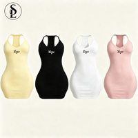 Robe Courte Côtelée Femme Personnalisable avec Logo, Dos Nageur, Couleur Unie, Col en V, Moulante, Débardeur, Style Décontracté, Streetwear, Soirée d'Été, Clubwear