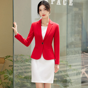 Women's Red Blazer Suit Set With White Midi Skirt Solid Color Polyester Formal Wear For Office And Presentations - Product Image 1
