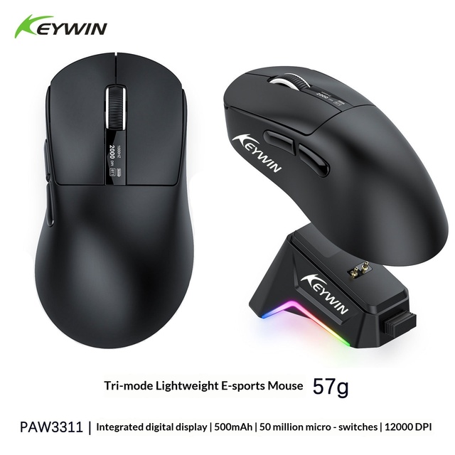 Keywin H22 Wireless for Three-Mode Gaming Mouse 2000DPI 5 Buttons Ergonomic Design Magnetic Charging Base RGB Lighting Effect