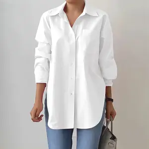 Blusa de trabalho feminina com bainha dividida, camisa de manga comprida para mulheres primavera e outono cor sólida