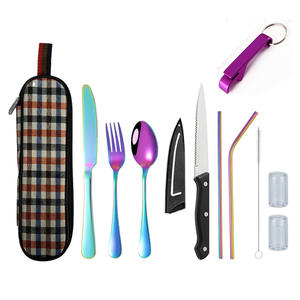 Ensemble de couverts en acier inoxydable avec couteau, fourchette, cuillère, étui à carreaux, portable, pour dîner en plein air, voyage, camping, ustensiles écologiques - Product Image 5