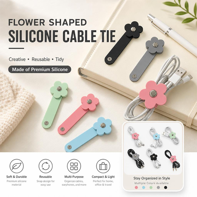 Cute Flower Durable Multifunction Silicone Cable Ties Cast Iron Snap Buttons Reusable Cord Wrap for Headphones USB Cables