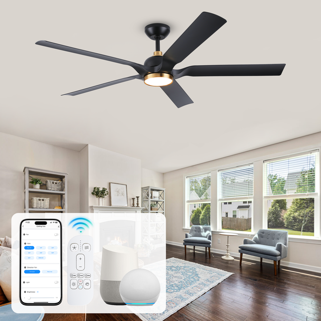 BLDC Motor 60 Inch Smart LED Electric Ceiling Fan Alexa/App/Remote Control 5 ABS Blades Black Gold Finish Outdoor Energy Saving