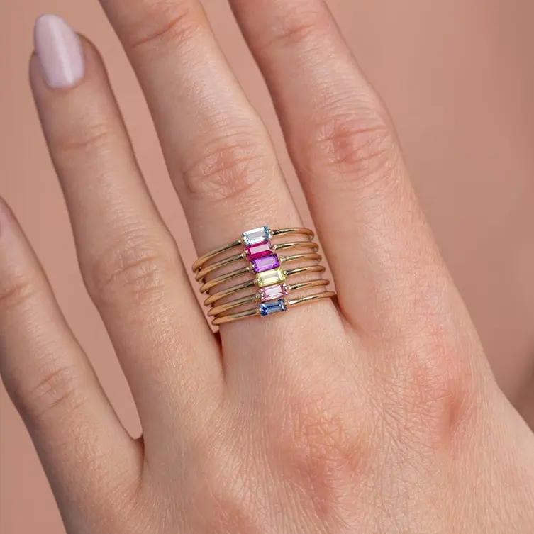 Trendy 14k 18k Gold Vermeil Plated 925 Sterling Silver Baguette Clear White Pink Blue Cz Custom Crystal Moissannit Gold Rings