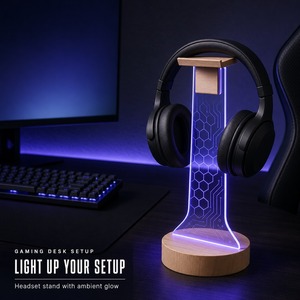 Support de casque de jeu personnalisé Bodyfree avec logo, panneau lumineux en acrylique, base en bois de 10 cm, support de bureau RGB, fabricant en gros - Product Image 2