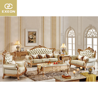 Canapé de luxe européen de style antique, design personnalisé par le fabricant, en cuir véritable doré, ensemble de canapés classiques pour villa