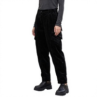 Pantalon large en velours côtelé noir pour femme, taille haute, poches à rabat plissées, fermeture éclair, 100% coton, décontracté, usage quotidien, étiquettes personnalisées OEM