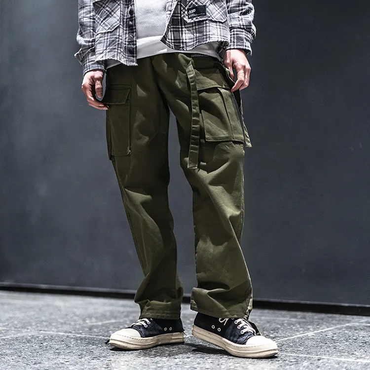 Mens hot selling casual vintage hip hop wide leg straight trousers autumn army green webbing cotton baggy cargo pants