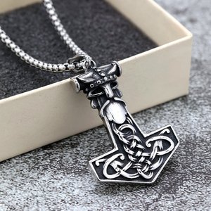 Nordic Vintage Stainless Steel Thor Hammer Pendant Necklace For Men Gift Jewelry - Product Image 1