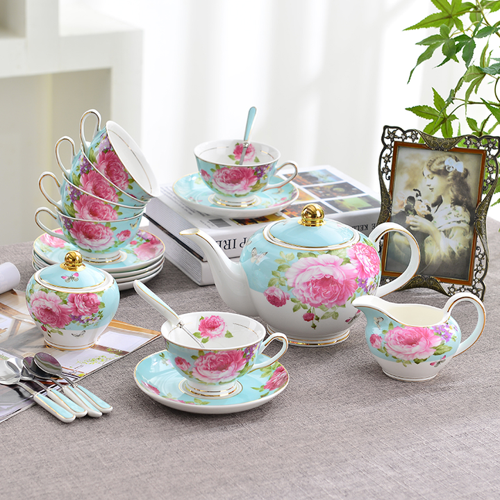 Custom Luxury Pink Color Floral Turkish Tea Cup Saucer Sets,Fine 5 Pcs Porcelain Tea Set Tea Pot Set