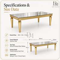 Table de salle à manger rectangulaire haut de gamme en acier inoxydable avec plateau miroir et pieds ronds effilés pour événements et banquets