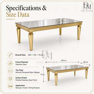 Mesa de Comedor Rectangular de Acero Inoxidable de Primera Calidad con Tapa de Espejo y Patas Redondas Cónicas para Banquetes de Boda - Product Image 4
