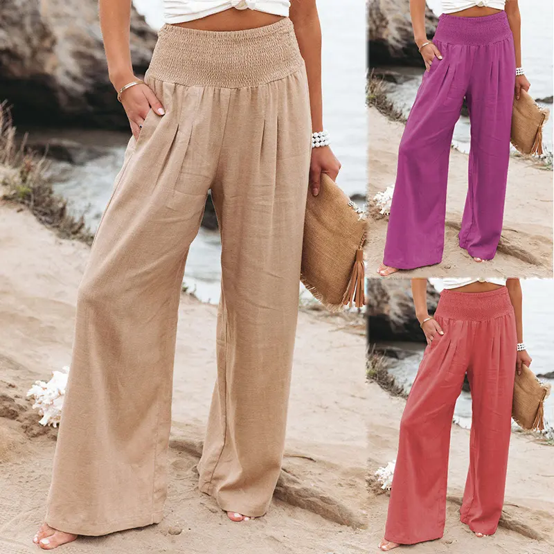 Pantalones holgados de algodón y lino para mujer, pantalón largo de pierna ancha, Color sólido, con cintura elástica, informales, para vacaciones, primavera y verano