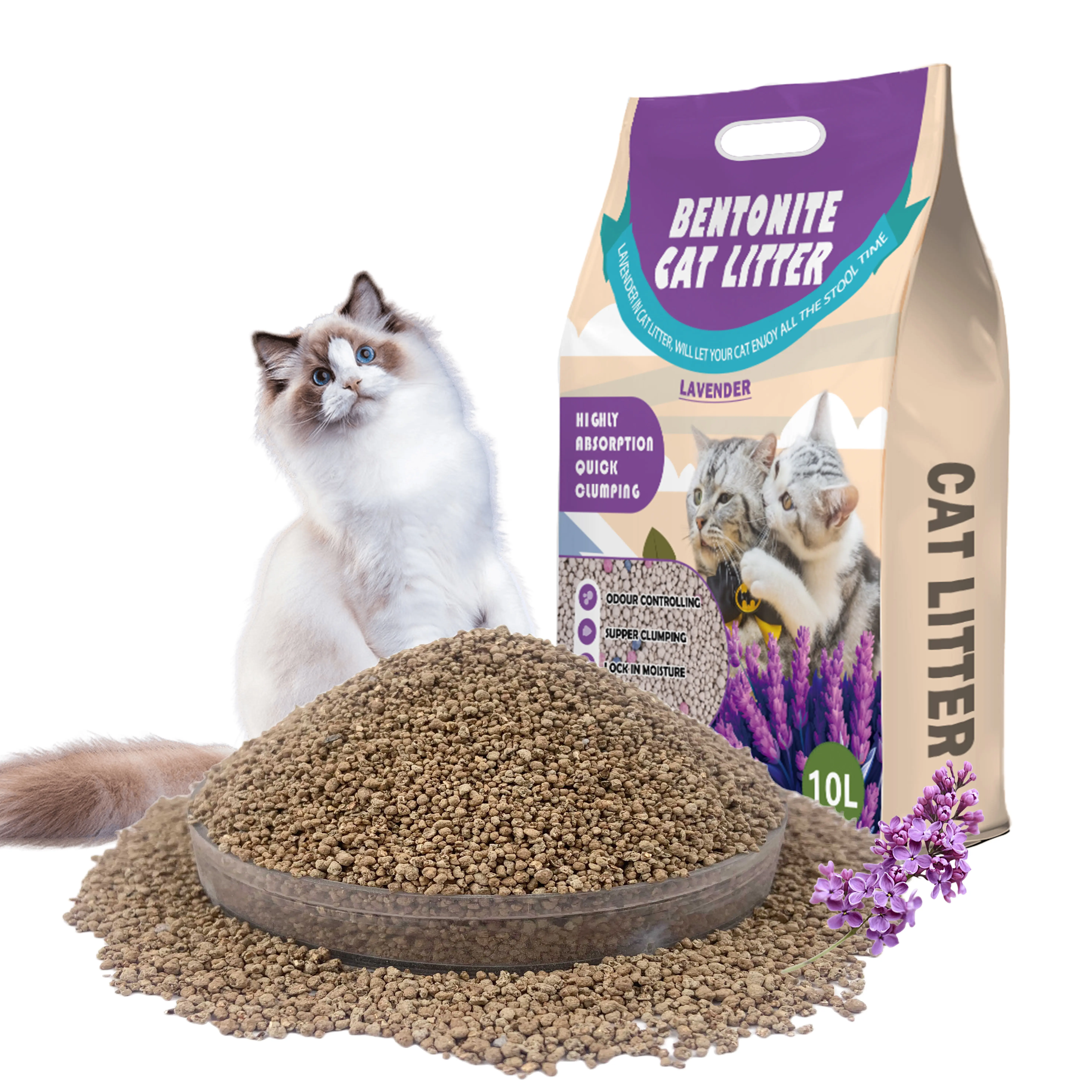 Toptan büyük parçacık kedi kumu 100% doğal biyobozunur bitki Bentonite kedi kumu