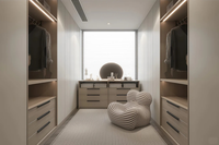 Armoire dressing moderne sur mesure avec cadre en panneaux de particules, portes vitrées, éclairage LED et table de maquillage intégrée pour appartement