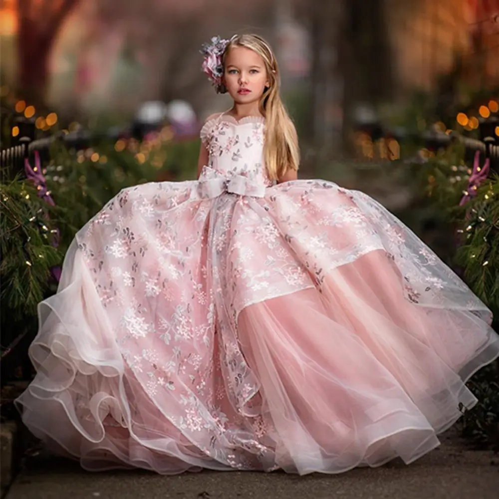 High Quality Flower Girl Dresses New Pink Layered Embroidered Girls Dresses Wedding Princess Dresses for 2-12 years