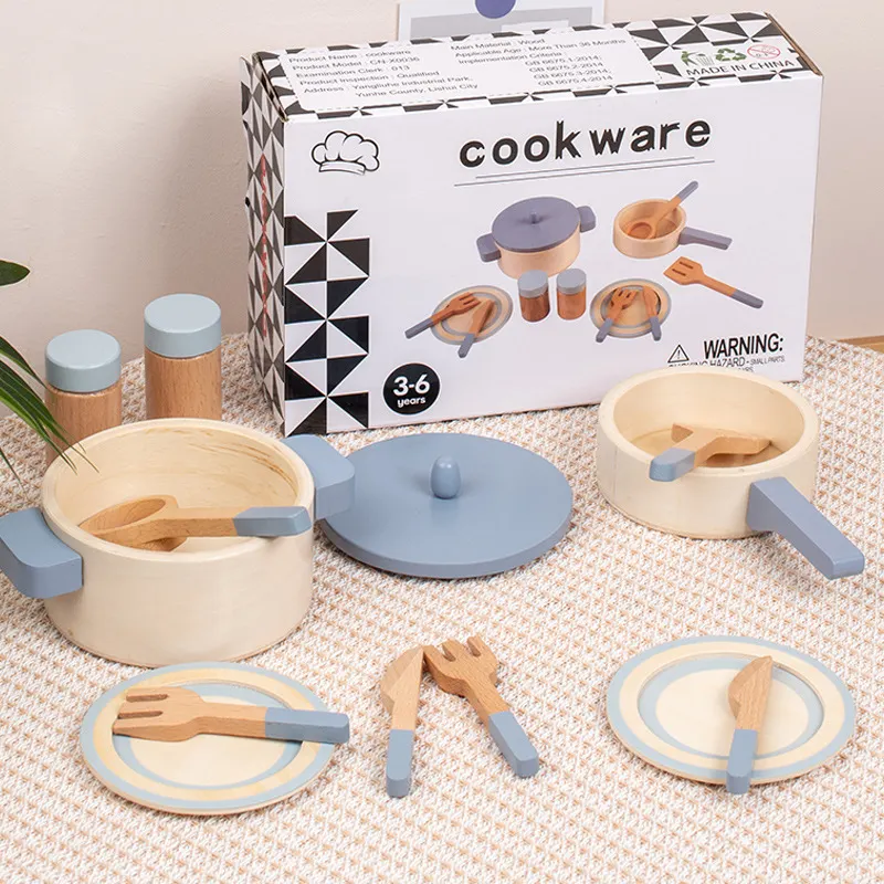 Mumoni yeni varış ahşap pişirme seti mavi serisi pretend tencere oyuncak sevimli tasarım ahşap mutfak oyuncak