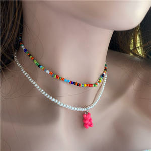 Wholesale Cute Delicate New Trendy Colorful Seed Bead Choker Cute Pearl Beaded With Resin <b>Gummy</b> <b>Bear</b> Charm Layered Necklace - Product Image 3