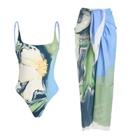 Ensemble de maillot de bain 2 pièces pour femmes, imprimé floral, maillot de bain une pièce avec jupe sarong enveloppante, tenue de plage pour les vacances