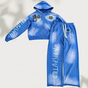 Ensemble de survêtement vintage de haute qualité, épais, avec impression effet soleil délavé, délavé à l'acide, avec appliqué et patch, comprenant un pantalon de survêtement et un sweat à capuche - Product Image 2