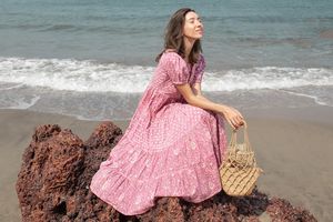 Rose Violet Bloc Imprimer Coton Maxi Robe Bohème Floral Longue Robe Pour Les Femmes D'été Vacances Plage Tenue À La Main En Inde - Product Image 6