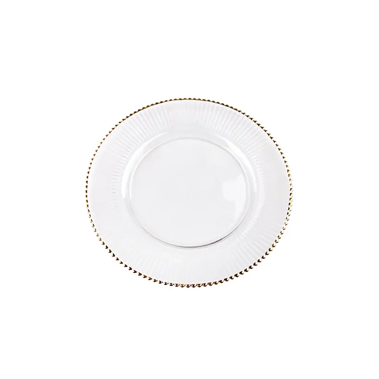 New Customized Wholesale Tableware Dinnerware Glass Dinner Plates Cheap Decorative Charger Plates with Gold beads