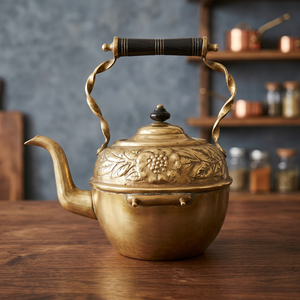 Bouilloire à thé vintage en laiton avec couvercle et poignée, design floral décoratif, pot à eau - Product Image 3