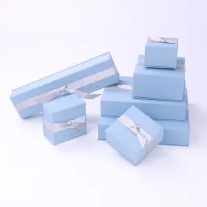 High Quality Blue Paper Cover Strong Cardboard Paper Ring Earring Necklace Pendant Jewelry Packaging Box With Ribbon Design