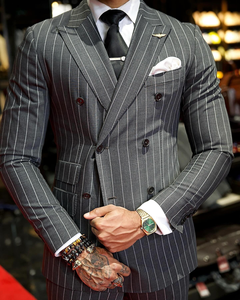 Abiti da <span class=keywords><strong>uomo</strong></span> grigi a righe sottili, <span class=keywords><strong>doppiopetto</strong></span>, slim fit, 2 pezzi, per ballo di fine anno, blazer e pantaloni, casual, abbigliamento maschile - Product Image 3