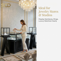 Vitrine de présentation de bijoux en acier inoxydable noir avec éclairage LED, verrouillable, pour boutique, vente en gros