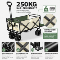 Chariot de camping pliable 10 pouces à double frein, conception à ouverture arrière, cadre en acier à haute teneur en carbone, poignée réglable, quatre roues robustes