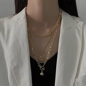 HOVANCI 3 New Boho Personality Jewelry For Women Gold Color Ball Bead Lariat Multilayer Necklace Vintage Coin Pendant Necklace